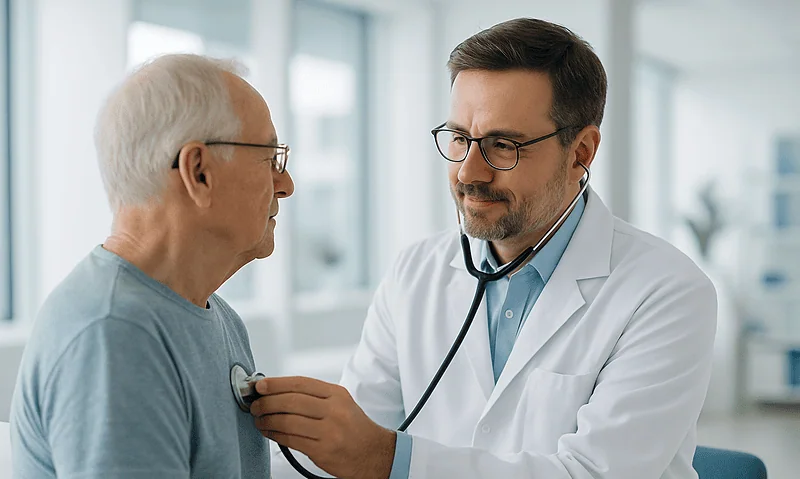Doctor checking senior patient's heart with stethoscope in clinic.