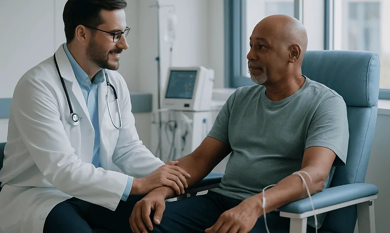 Doctor consulting with a patient in a hospital room for hemodialysis preparation.
