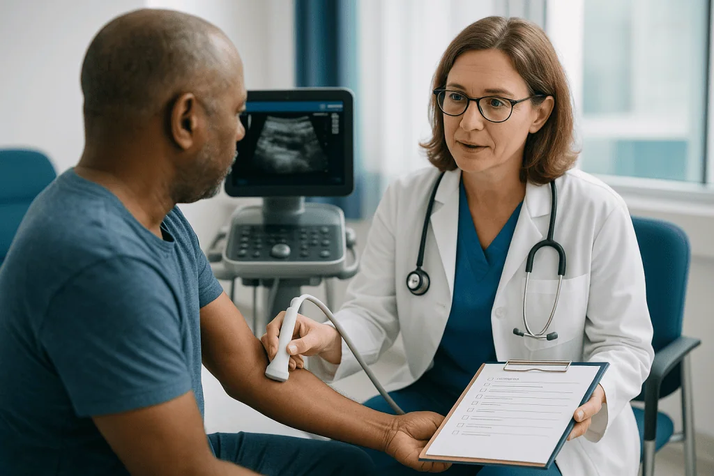 Doctor performing ultrasound examination on patient's arm: Preparing for hemodialysis fistula surgery: vein mapping and the 