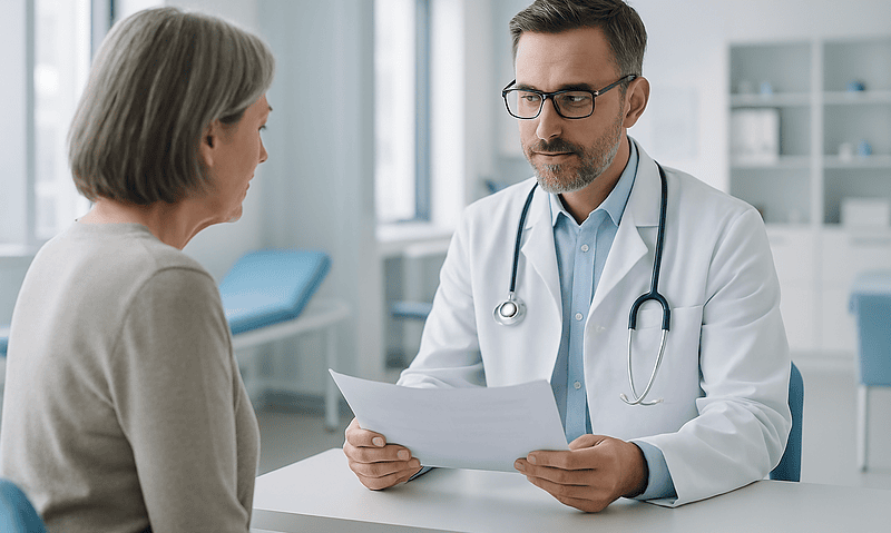 Doctor consulting with a patient in a medical office setting.