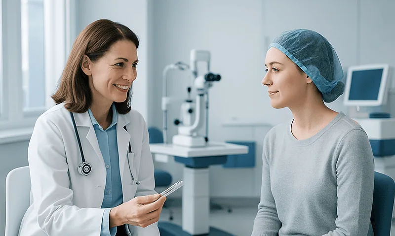 Optometrist consulting patient about eye health in clinic.