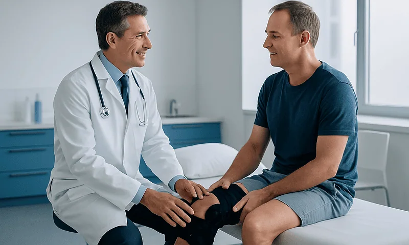 Doctor examining patient's knee in a medical consultation room.