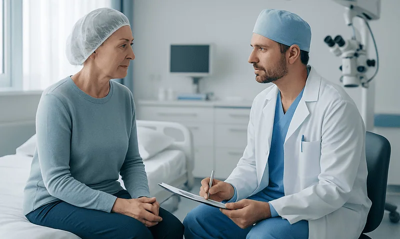 Doctor consulting with an elderly patient in a hospital room.