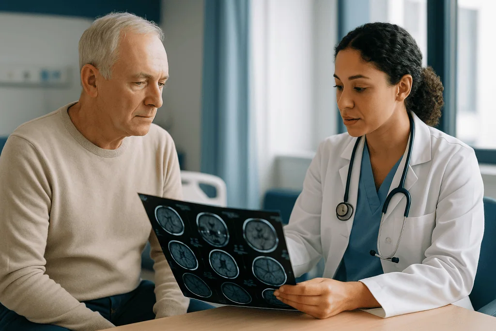 Doctor reviewing brain imaging with elderly patient: Preparing for microsurgery starts with imaging: what the scans are actu