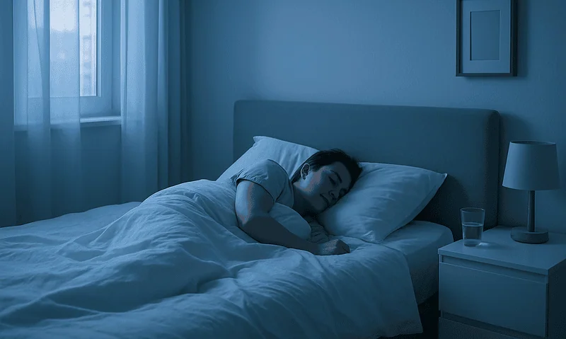 Person sleeping peacefully in a bedroom at night.