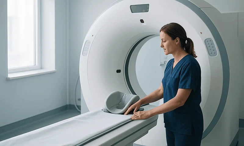 Medical technician prepares patient for MRI scan in hospital.