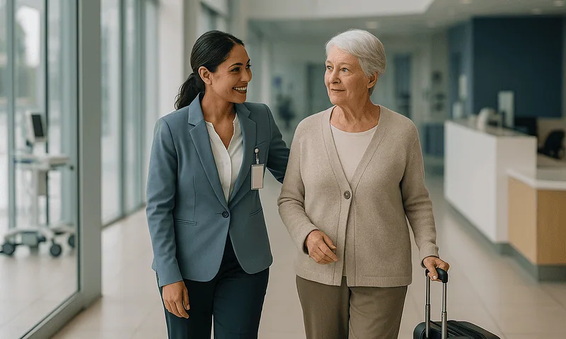 Healthcare professional assisting elderly woman at hospital reception.