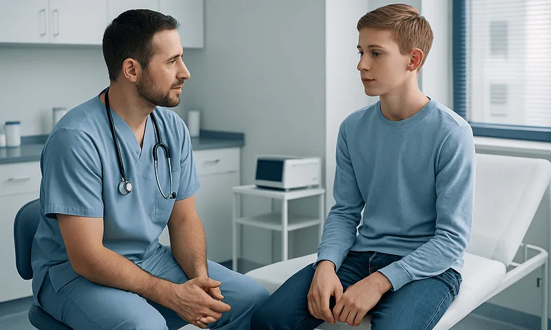 Doctor consulting with a young patient in a modern clinic room.
