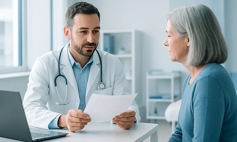 Doctor consulting with elderly patient in a medical office.