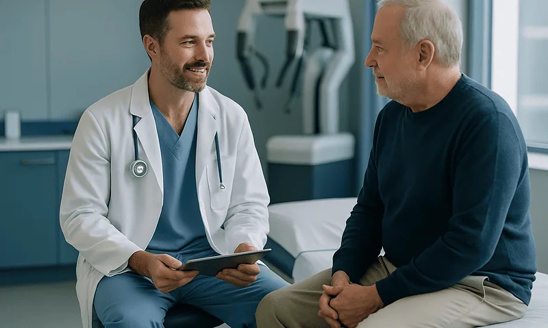 Doctor consulting with an elderly patient in a hospital room.
