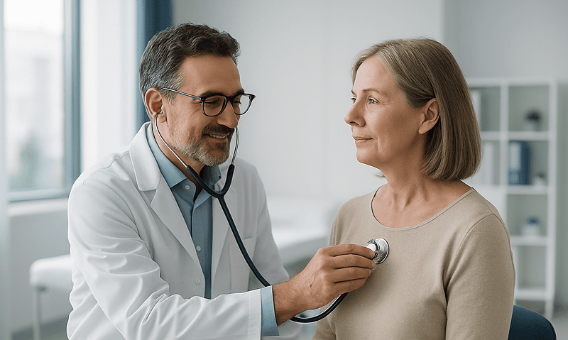 Doctor listening to a woman's chest with a stethoscope in a medical office.