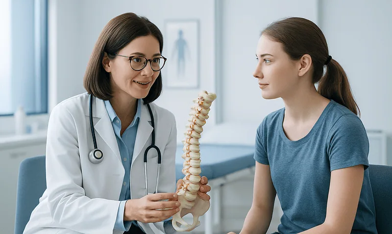 Doctor explaining spinal model to young patient in medical consultation room.