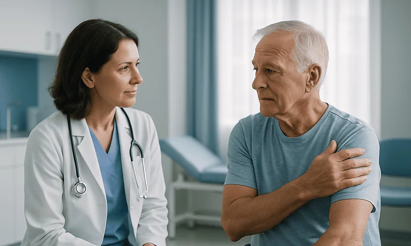 Doctor consulting with an elderly male patient in a medical office.