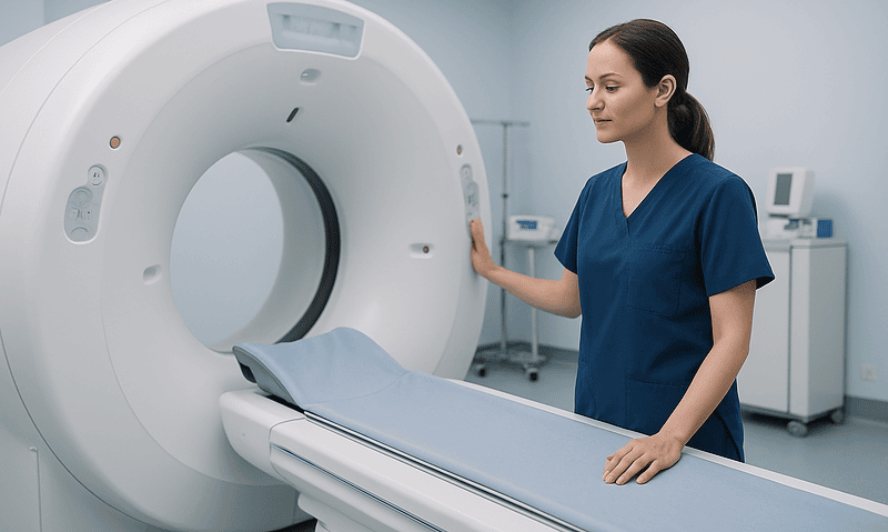 Preparing for Stomach Cancer Treatment: Nutrition Assessment and Pre-Surgery Checks 5 Medical professional prepares for a CT scan in a hospital setting.