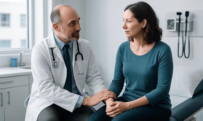 Doctor consulting with a patient in a medical office setting.