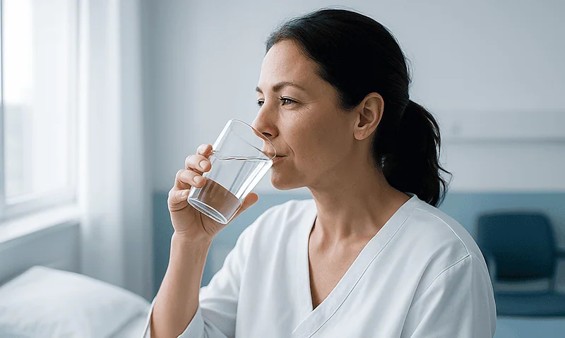 Woman drinking water in a hospital room for hydration before therapy.