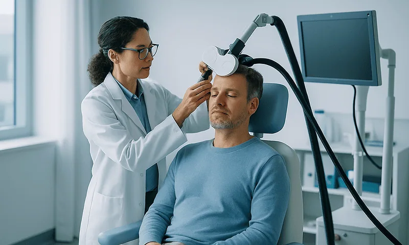 Doctor performing transcranial magnetic stimulation on patient in clinic.