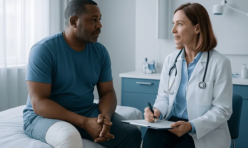Doctor consulting with male patient in a hospital room.