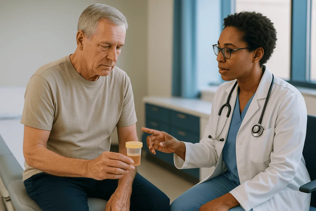 Doctor consulting with older male patient holding urine sample: Preparing for TURBT: why the urine test comes first