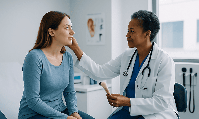 Doctor examining a patient's ear in a medical consultation room.