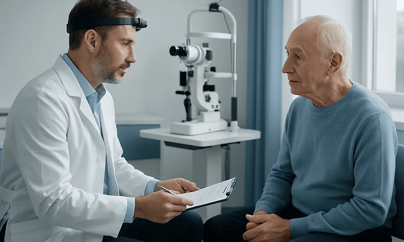 Ophthalmologist consulting elderly patient in a clinic with eye equipment.