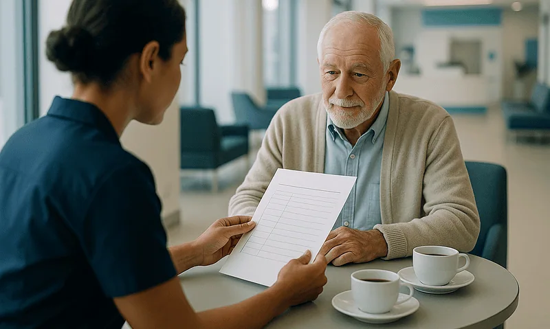 Doctor consulting with elderly patient in hospital setting.