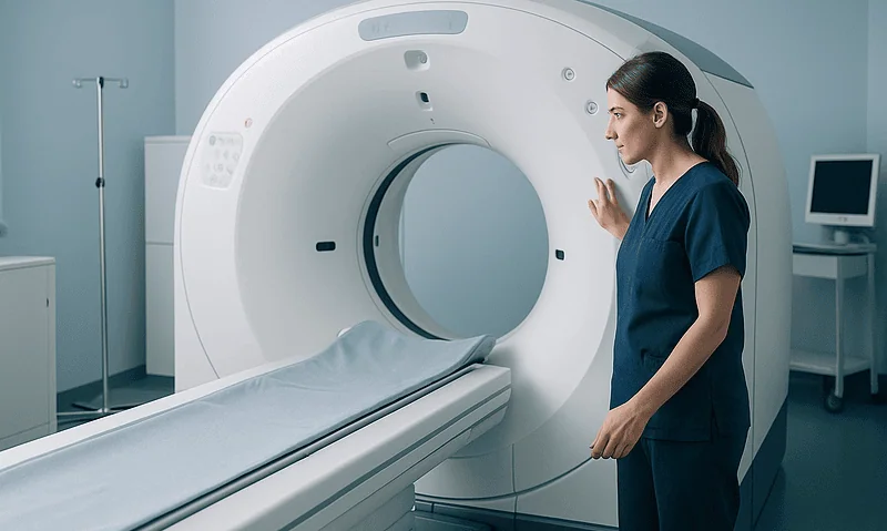 Female healthcare professional prepares MRI scan in a modern medical facility.