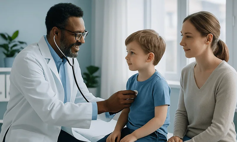 Pediatric consultation at Acibadem Hospital with doctor, child, and mother.