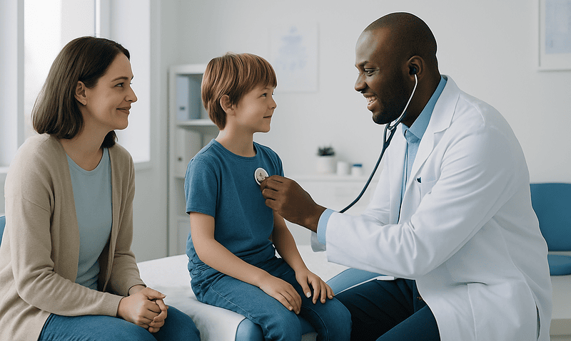 Pediatric consultation at Acibadem Hospital with doctor and young patient.