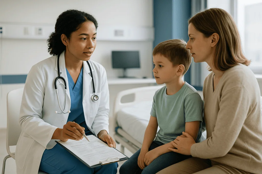 Pediatrician consulting with child and mother about medical care: Preparing your child for orchiopexy: what the pre-operativ