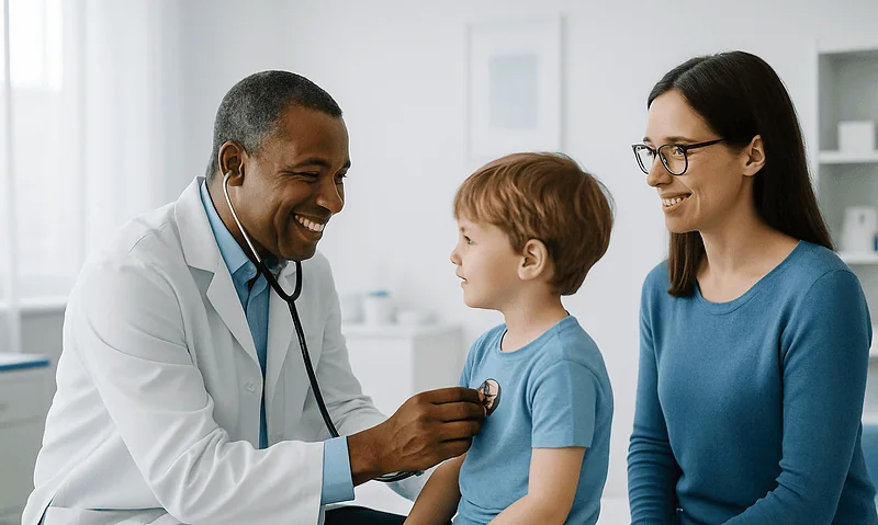 Pediatric doctor examining a young boy with his mother present.