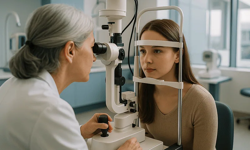 Optometrist examining young woman's eyes with slit lamp in clinic.