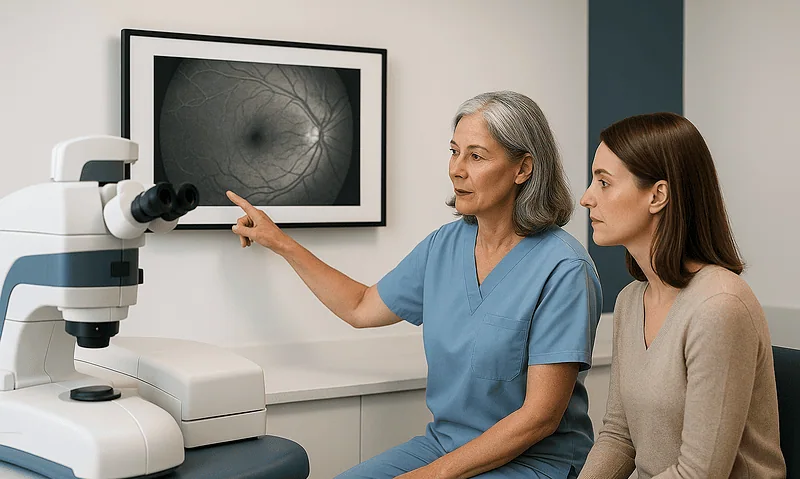 Ophthalmologist explains retinal scan to patient in clinic.