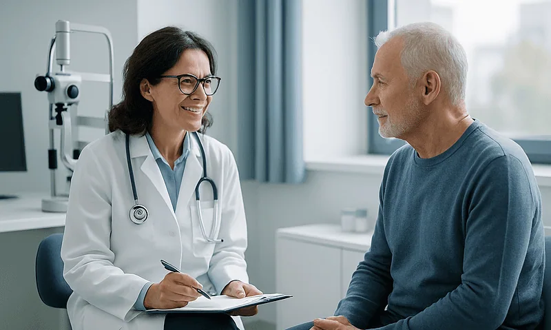 Ophthalmologist consulting with an elderly male patient in a clinic.