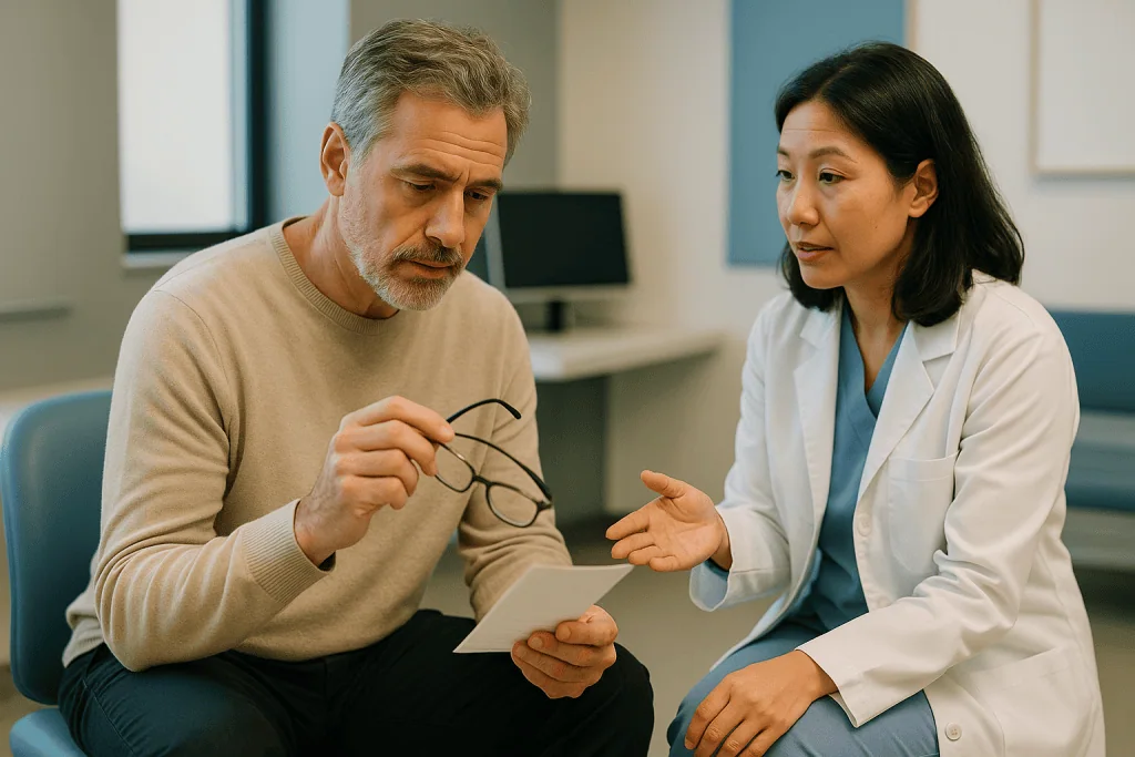Doctor consulting with male patient about eyeglasses: Presbyopia treatment options ranked from least to most invasive