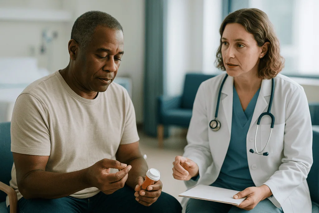 Doctor consulting patient about medication in clinical setting: Prescription anticoagulants and antiplatelets: how each clas