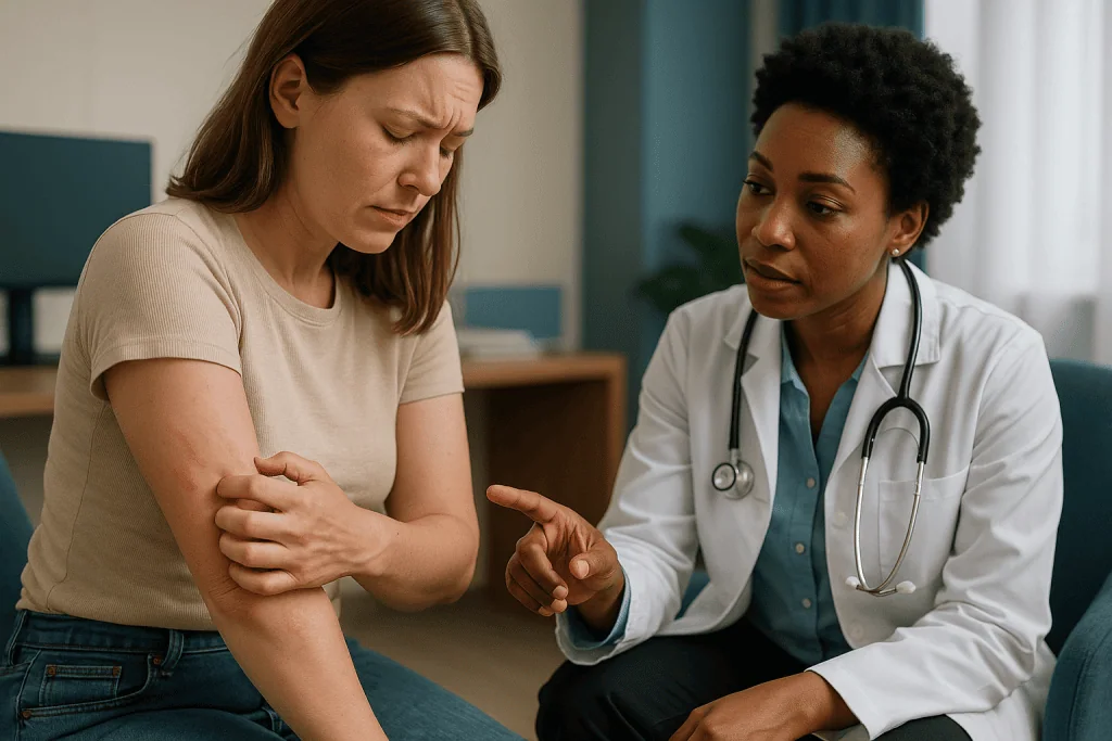 Doctor examining patient's arm for skin condition: Pressure, scratching and tight clothing: dermographism and delayed pressu