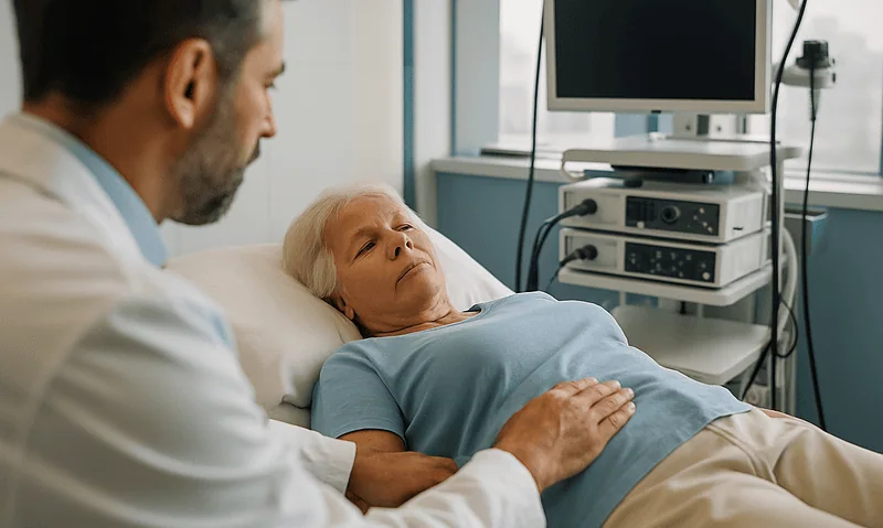 Doctor examining an elderly woman in hospital bed for pressure ulcer assessment.