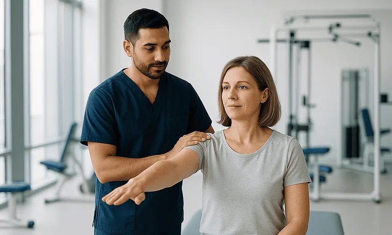 Physical therapist assisting a woman with arm exercises in a modern clinic.