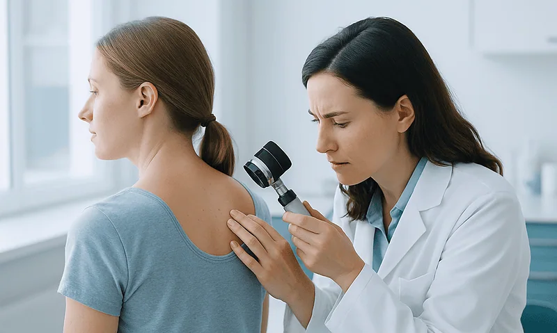 Dermatologist examining a patient's back with a dermatoscope in a clinical setting.
