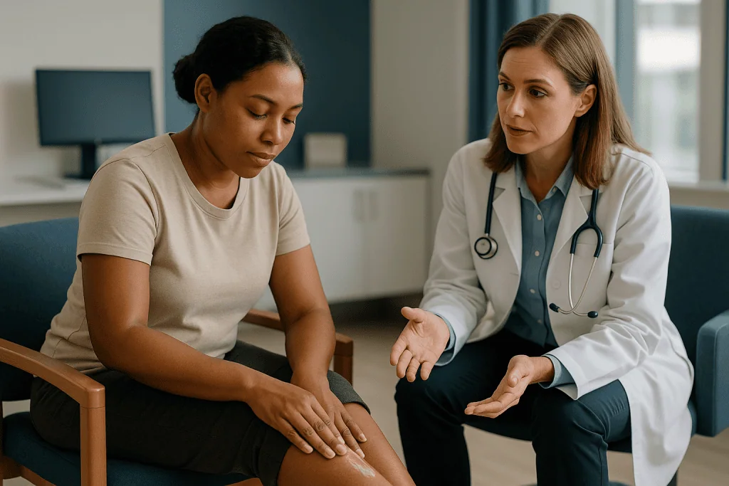 Doctor examining patient's leg during consultation: Preventing recurrent cellulitis starts with the skin barrier