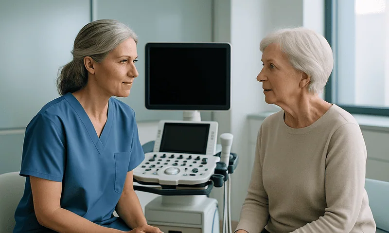 Doctor consulting with elderly patient in a medical office.