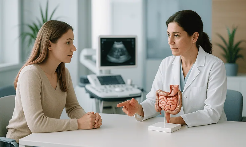 Doctor explaining gastrointestinal health to a patient with a model of intestines.
