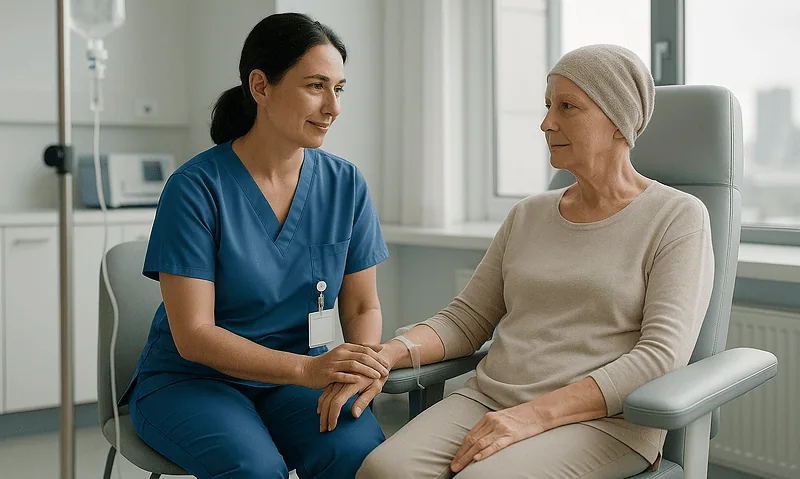 Compassionate healthcare professional consulting with a patient in a hospital room.