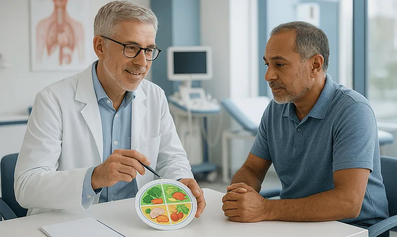 Doctor explaining adrenal gland diagram to patient in consultation room.