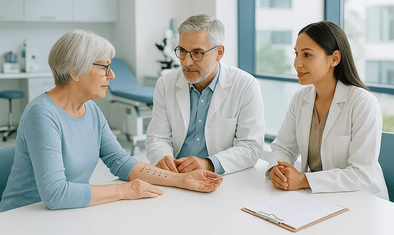 Doctor examining elderly woman's arm in a medical consultation.
