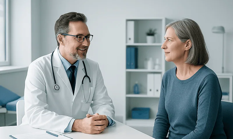 Doctor consulting with an older female patient in a medical office.
