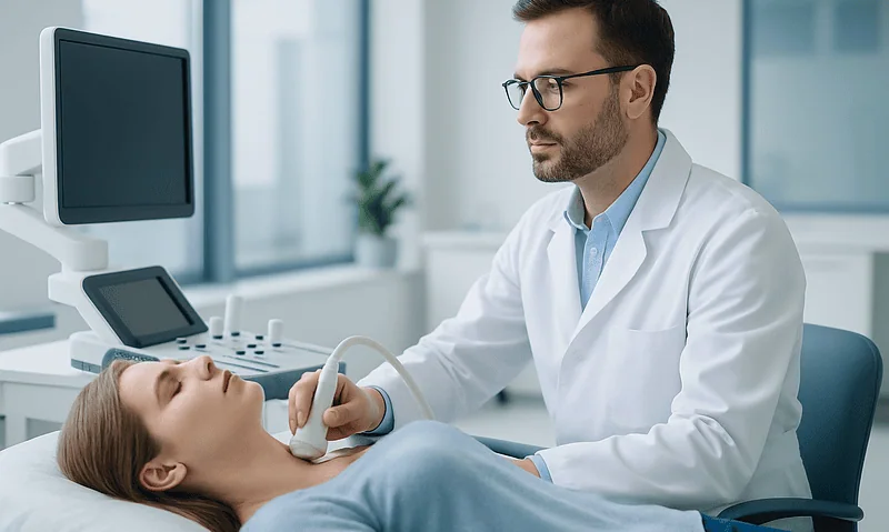 Doctor performing an ultrasound on a female patient in a medical clinic.