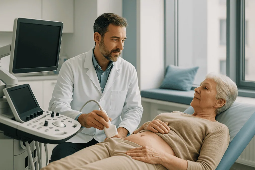 Primary Sclerosing Cholangitis 1 Doctor performing an ultrasound exam on an elderly woman in a hospital room.