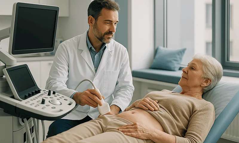 Doctor performing an ultrasound exam on an elderly woman in a hospital room.